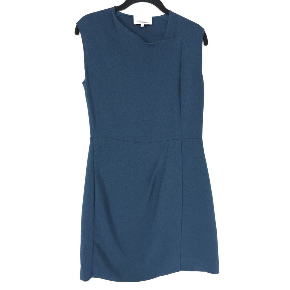 3.1 PHILLIP LIM Women's Knee Dress 8 Blue Asymmetric Neck Sleeveless 100% Silk